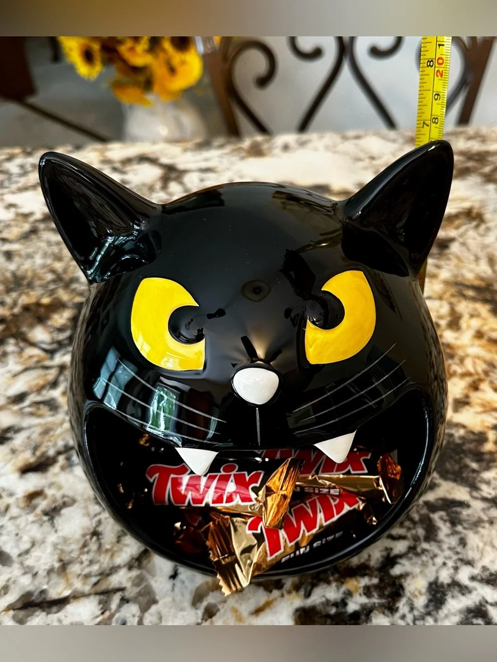 🖤 Black Cat Halloween Candy Dish with 'TRICK or TREAT’ Banner